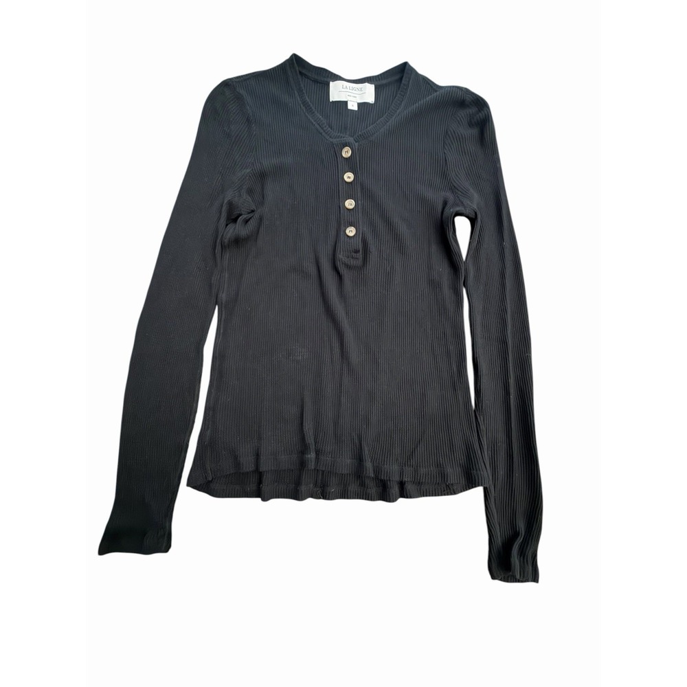 La Ligne Thermal Waffle Knit Henley Shirt Women's Small Black Cotton #JJJ17-2